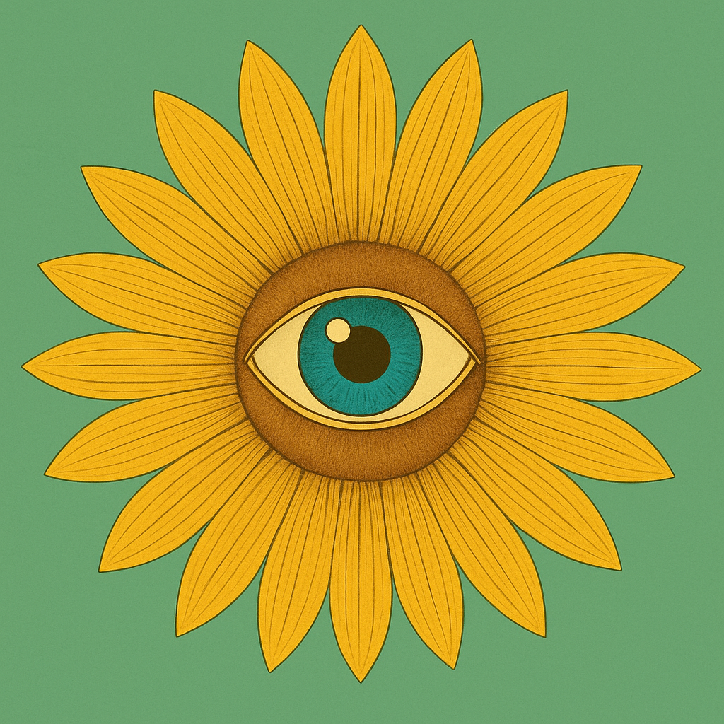 Mystical sunflower with eye symbol representing spiritual awakening and psychic vision